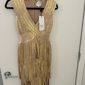 Herve Leger Gold Pleated Ruched Sheath Dress